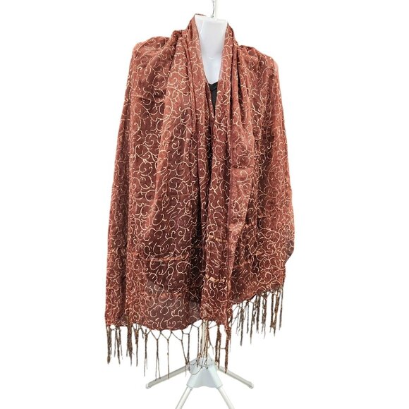 Elegant Brown Sheer Floral Scarf With Fringe Wrap Shawl Oversized 42"x82" - Picture 6 of 13